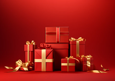 Red gift boxes with golden bows on a red background.の素材