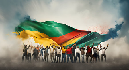 Group of people holding the flag of the Republic of the Congo.の素材