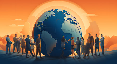 Global business concept. Business people standing around the globe. Vector illustrationの素材