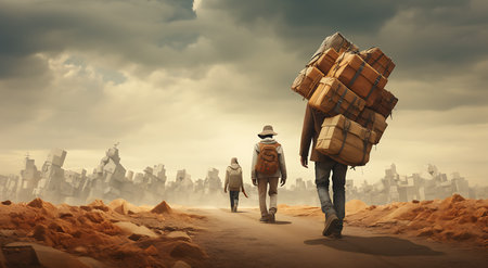 Couple of tourists with backpacks walking in the desert.の素材