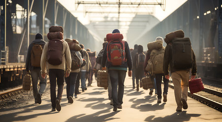 Group of people with backpacks walking on the platform of the railway stationの素材