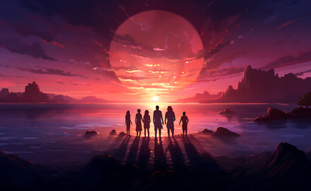Group of people standing on the beach at sunset. 3D renderingの素材