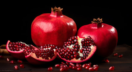 Ripe pomegranates on a wooden table. Black background.の素材
