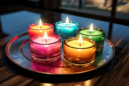 Colorful candles in a glass plate on a wooden table in a cafeの素材