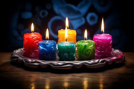 Colorful wax candles on wooden table and bokeh background.の素材