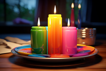 Colorful wax candles on a plate on a wooden table at homeの素材