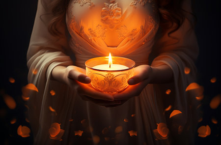Close up of woman holding burning candle in her hands on dark backgroundの素材