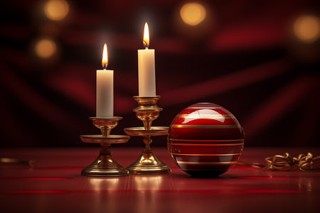 Christmas still life with burning candles and bauble on red cloth backgroundの素材