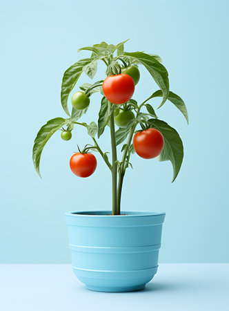 Tomato plant in pot on blue background. 3D illustration.の素材