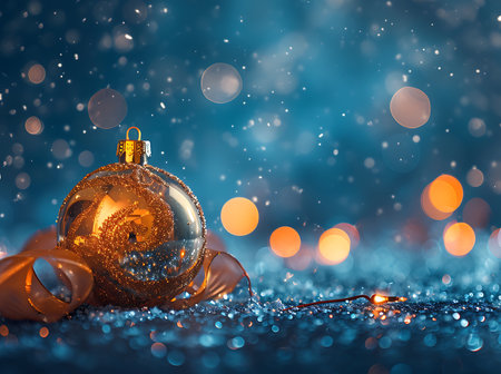 Golden Christmas ball and ribbon on bokeh backgroundの素材