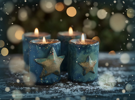 Christmas candles with snow and bokeh on wooden background, closeupの素材
