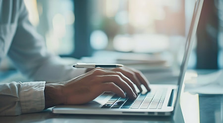 Businessman working on laptop in office. Close up of male hands typing on laptop keyboard.の素材