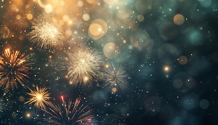 Colorful fireworks with bokeh effect on dark blue sky backgroundの素材