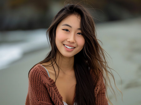 Portrait of a beautiful young asian woman smiling on the beachの素材