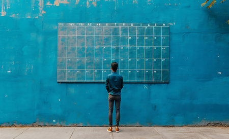 back view of young man standing in front of blue wall with calendarの素材