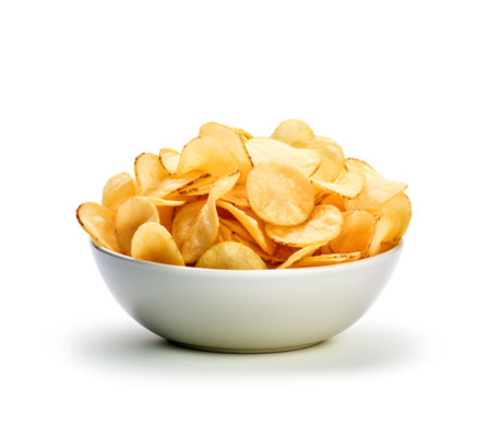 Potato chips in bowl isolated on white backgroundの素材
