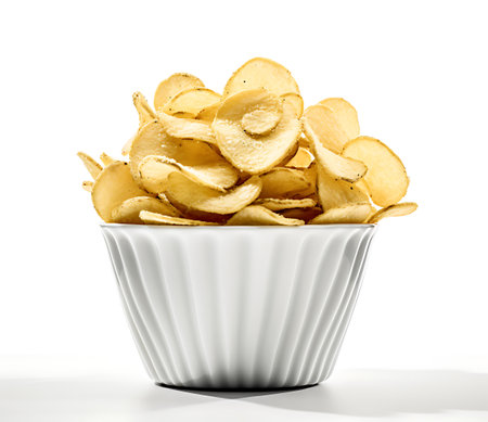 Potato chips in bowl isolated on white background. 3d illustration.の素材