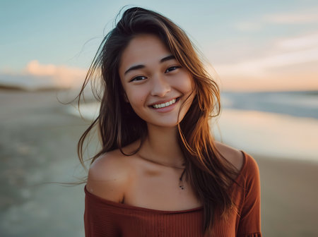 Portrait of a beautiful asian girl on the beach at sunsetの素材