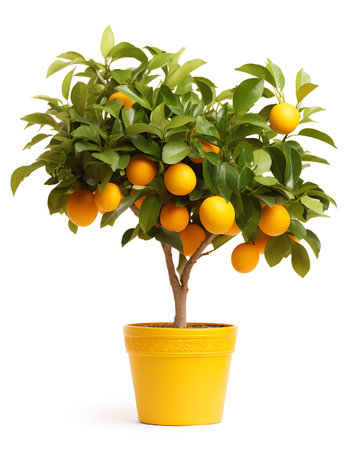 Citrus tree in yellow pot isolated on white background cutoutの素材
