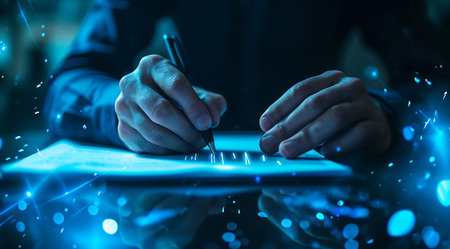 Close up of human hands writing in notepad with glowing blue lights on backgroundの素材