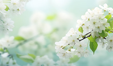 White flowers of cherry blossoms over natural green background. Spring landscape.の素材