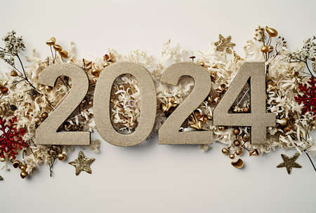 Happy new year 2024, christmas decoration on white background with copy spaceの素材