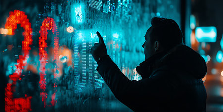Silhouette of hacker in mask and hoodie on background of binary codeの素材