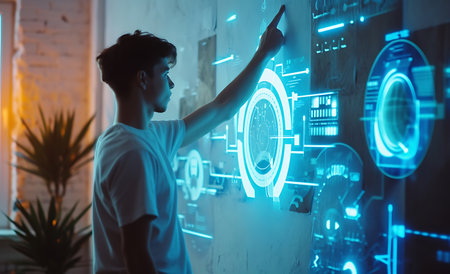 Side view of young man touching digital interface with hologram in officeの素材