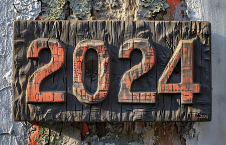 New year 2024. Vintage wooden sign on the wall of an old house.の素材