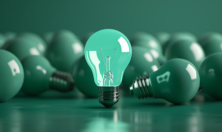 Green lightbulb on green background. 3D rendering illustration.の素材