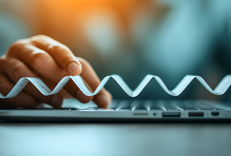 Close up of businessman hands typing on laptop keyboard. Business and technology conceptの素材