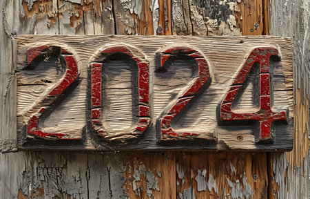 Wooden sign for the New Year 2021 on an old wooden wallの素材