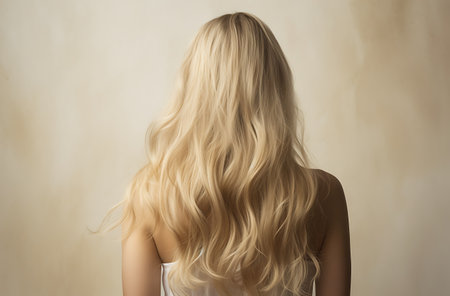 Blonde girl with long curly hair on a beige background.の素材