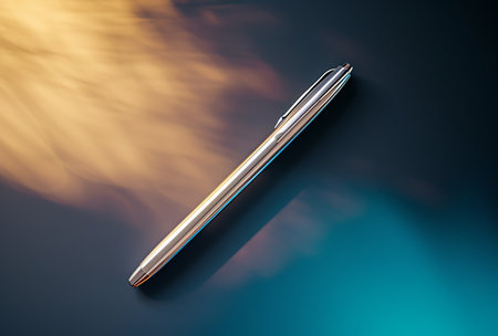 Silver pen on a blue background. 3D rendering. Computer digital drawing.の素材