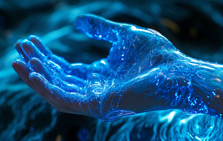 Human hand in blue neon light. Abstract background. 3d renderingの素材