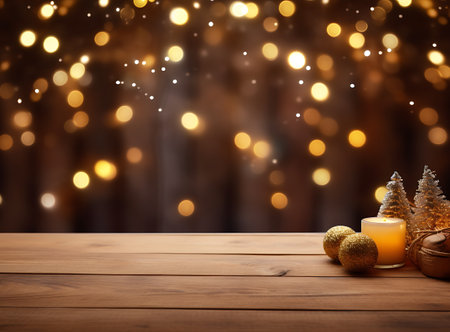 Christmas holiday background with wooden table and golden bokeh lights.の素材