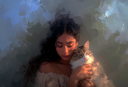 Portrait of a beautiful young woman with cat in her arms.の素材