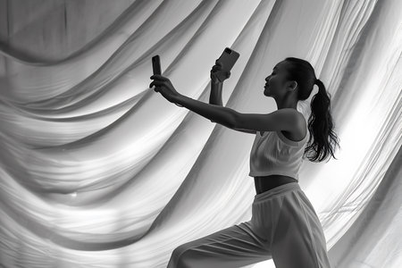 Young woman in white sportswear taking selfie with mobile phone.の素材