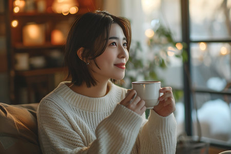 Beautiful asian woman drinking coffee in the morning at home.の素材