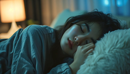 Young asian woman sleeping on bed in the bedroom at night.の素材