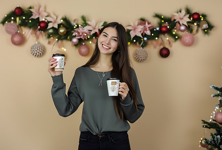 Happy young woman holding two paper coffee cups in christmas interior.の素材