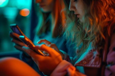 Close-up of two young women using mobile phone while sitting in busの素材