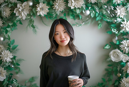 Portrait of a beautiful asian woman with a cup of coffeeの素材