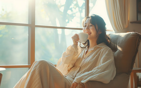 Beautiful Asian woman drinking coffee in the morning at home. Relax time.の素材