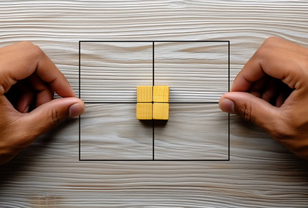 Business concept of problem solving with wooden cube puzzle and human hands.の素材
