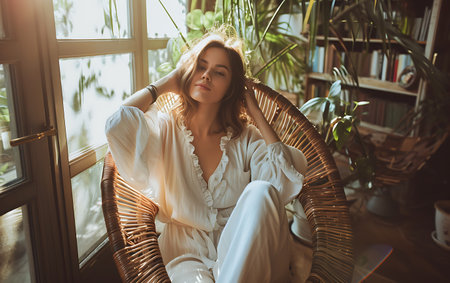Beautiful young woman sitting in a wicker chair near the windowの素材