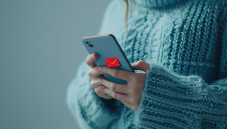 Woman in a warm sweater is holding a smartphone with a message on the screenの素材
