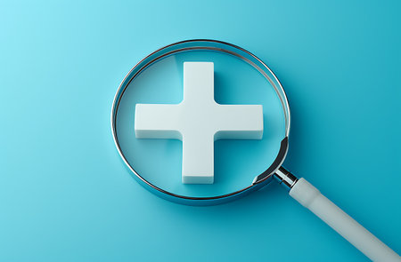 Magnifying glass with plus sign on blue background. 3d renderの素材