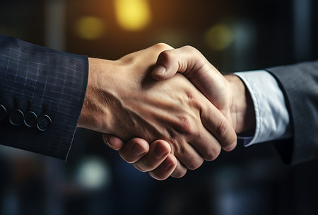 Close up of two businessmen shaking hands on blurred background. Partnership conceptの素材