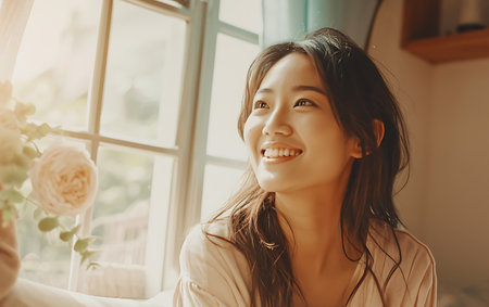 Beautiful young asian woman smiling and looking through window at homeの素材